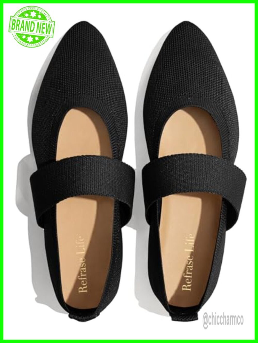 Women's Pointed Toe Mary Jane Flats with Wide Strap, Knit Slip-On Shoes
